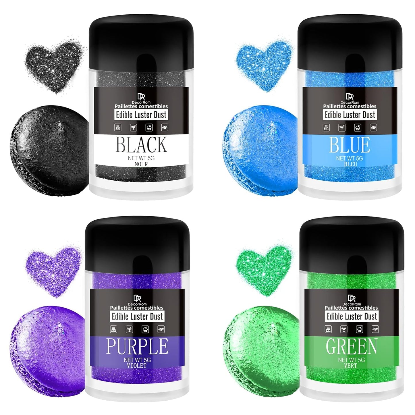 Edible Glitter Set - Luster Dust Edible Set 4 Metallic Colors - Food Grade Coloring Glitter Shimmer Dust Powder for Cocktail, Wine, Cake Decorating, Drinks, Candy, Baking, Cookie, Fondant - 5g Each