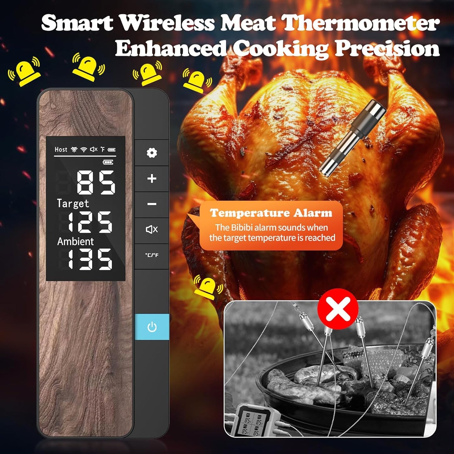 Wireless Meat Thermometer-Multi Sensors Digital Food Thermometer with Ultra-Thin Probe, Accuracy Smart Bluetooth Meat Thermometer for Steak, BBQ, Oven, Grill, Smoker,Recipes in App & Host