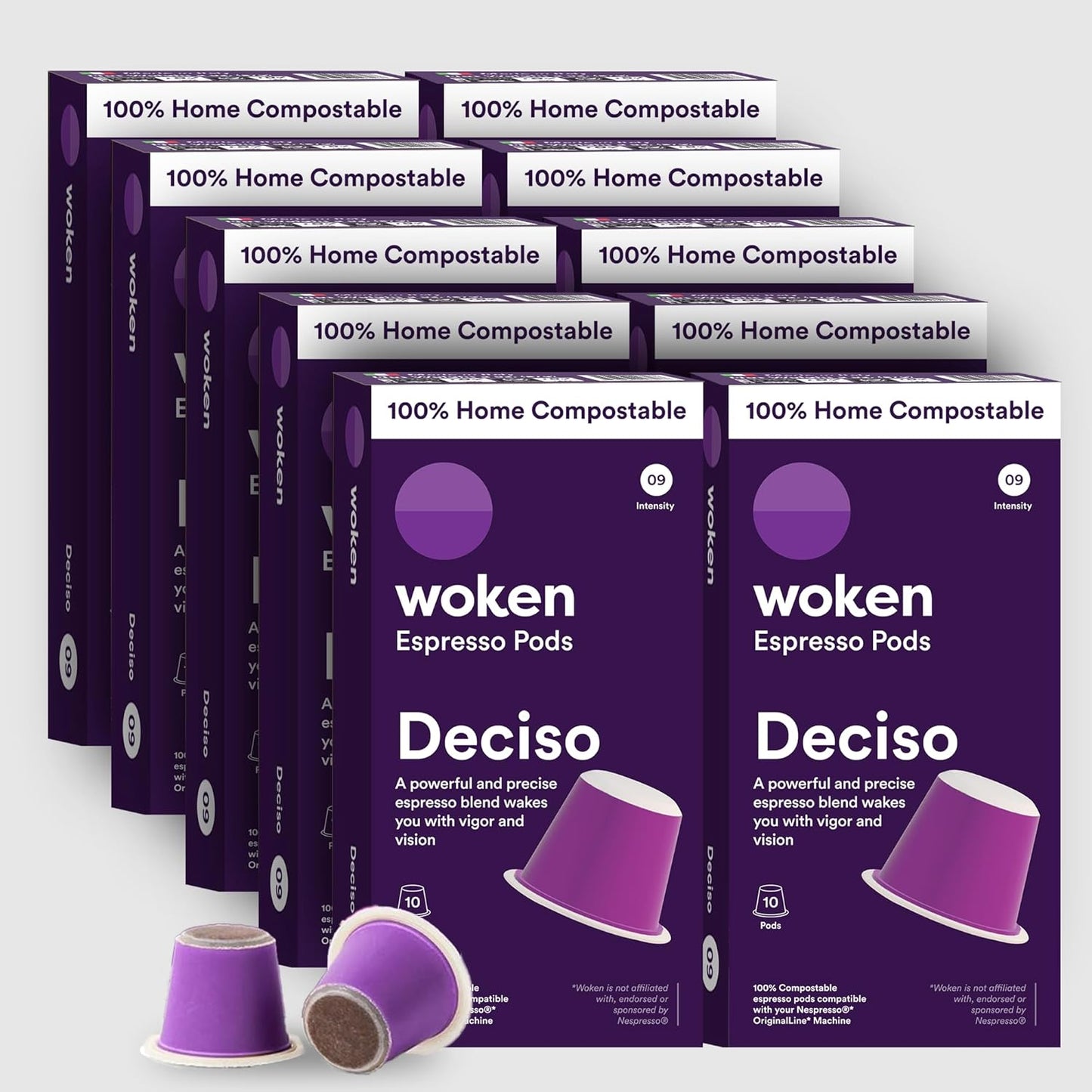 WOKEN COFFEE Compostable Nespresso Pods - Deciso Dark Roast Italian Espresso Coffee Capsules Compatible With Nespresso Coffee Machine (100 Pod Count, 10 Boxes)