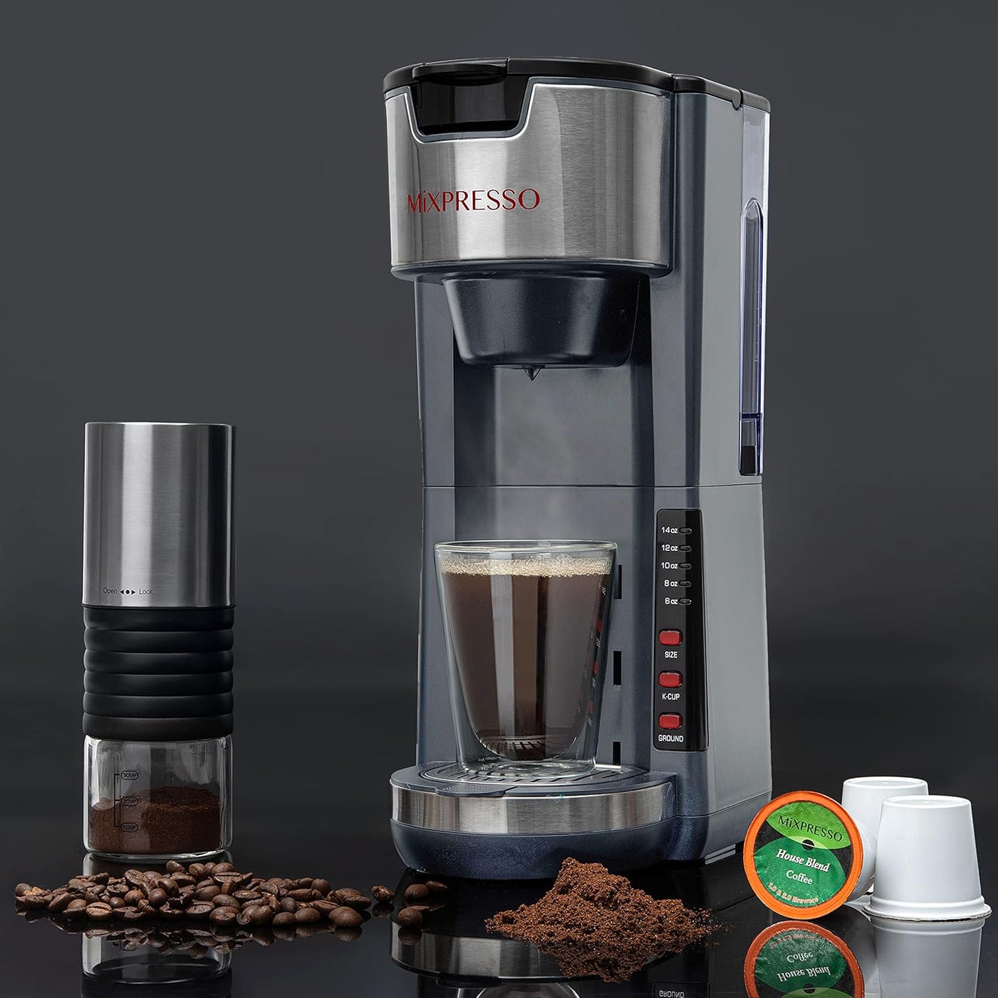 Mixpresso Gray Single Serve Coffee Brewer K-Cup Pods Compatible & Ground, 30 oz Compact Coffee Maker Single Serve With 5 Brew Sizes Up To 14 Oz, Fits Travel Mug, Adjustable Drip Tray