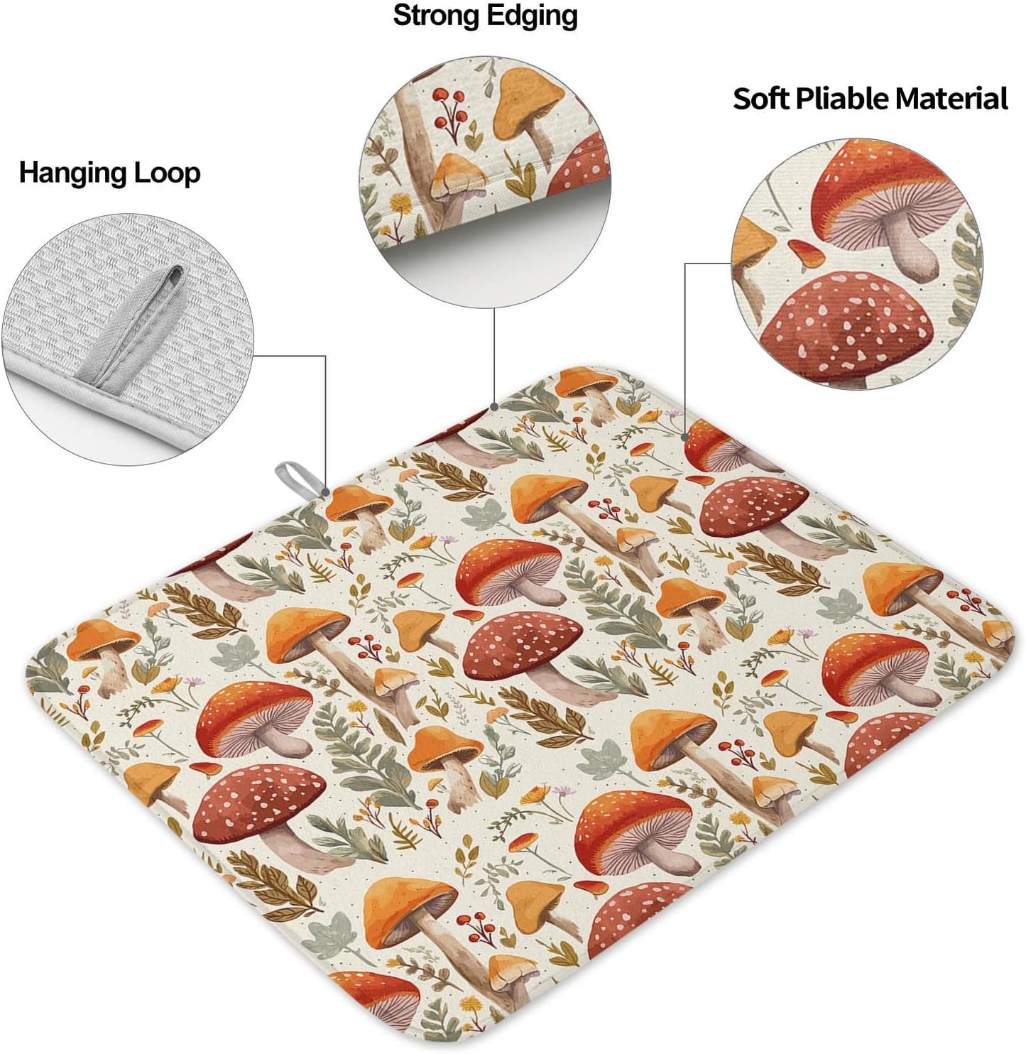 Fall Dish Drying Mat for Kitchen Counter Mushroom Drying Pad Absorbent Drying Mats for Countertops Sinks Draining Racks Autumn Plant Leaves Drainer Holiday Harvest Thanksgiving Decorations 16x18