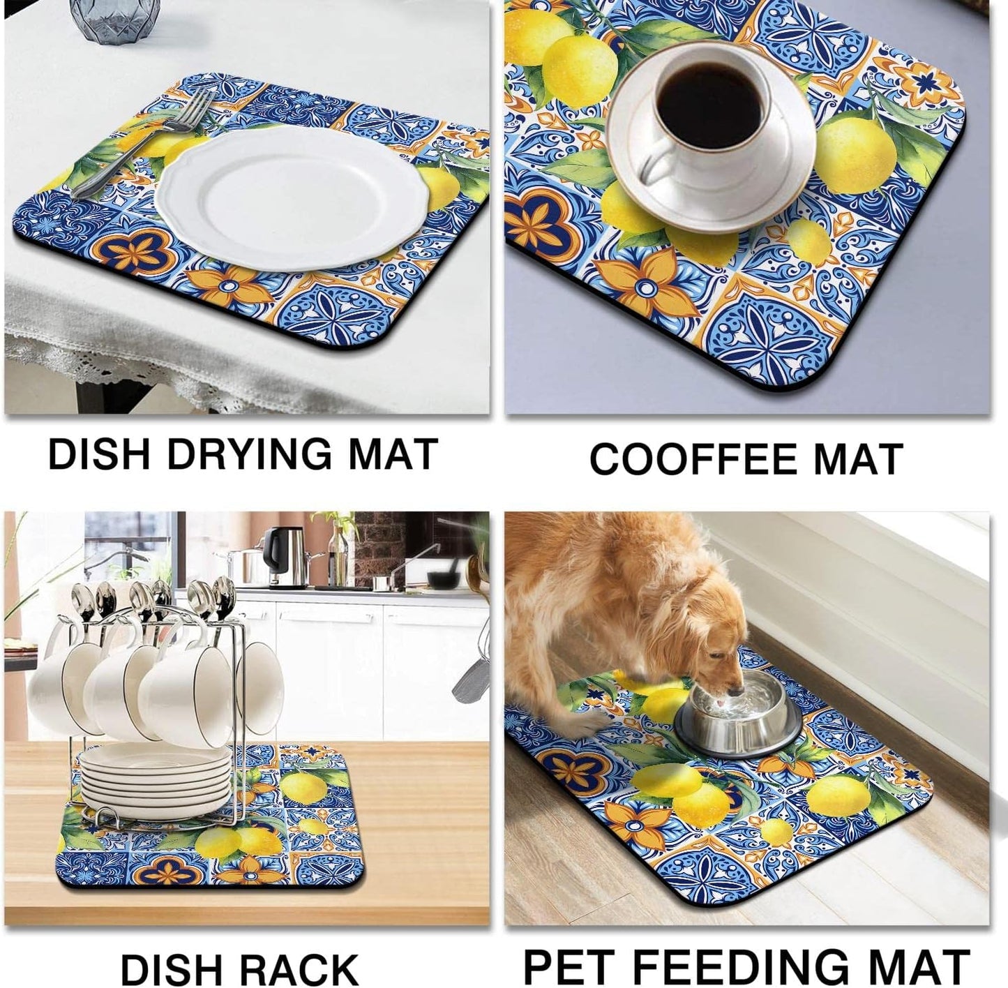 Rubber Dish Drying Mat for Kitchen Counter Large Lemon Washable Quick Home Coffee Pad Fit Under Sink,Bar,Utensils 16x18in