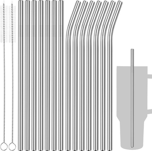 Tomorotec 30oz Straws, 11" Stainless Steel Straw 14PCS for 30oz Stanley Tumbler, 0.35"/9mm Diameter Sleek Metallic Finish- 7 Straight, 7 Bent Straws & 2 Brushes, Dishwasher Safe, 304 Food-Grade