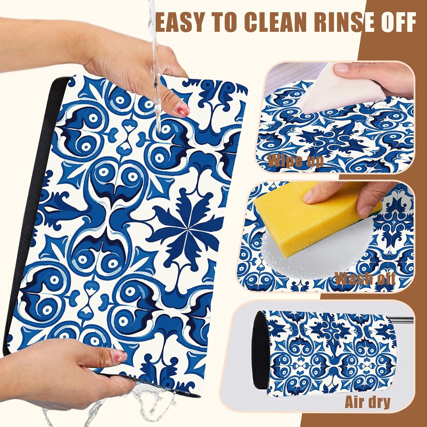 Dish Drying Mat Blue Portuguese Tiles Coffee Bar Mat for Countertop - Absorbent Rubber Backed Hide Stain Dish Drainer Rack - Coffee Maker Pot Dining Room Decoration 15.7 x 23.6 Inch