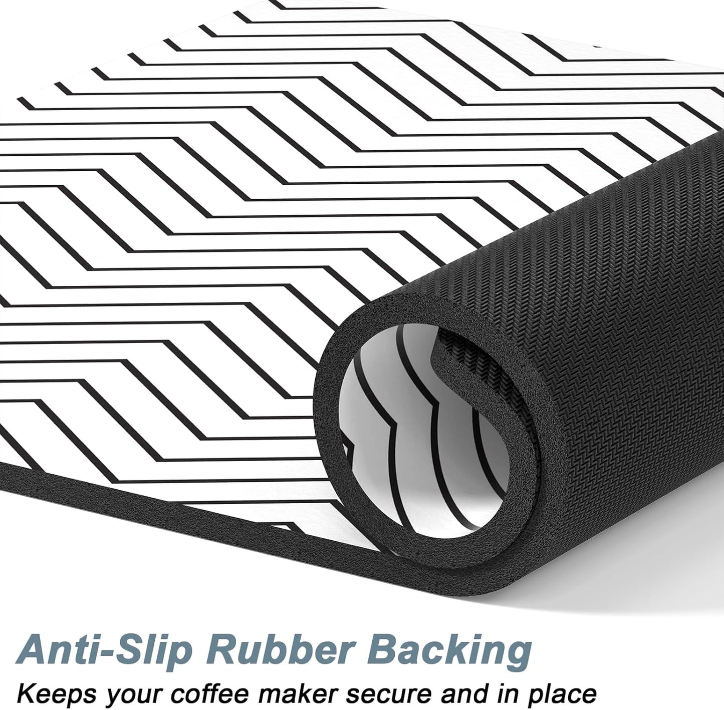 Rnivvi Coffee Mat, 12" x 19" Cute Coffee Bar Mats for Espresso Machine Station Accessories and Organizer, Hide Stain Rubber Backed Absorbent Dish Drying Pad for Kitchen Counter, White Strip