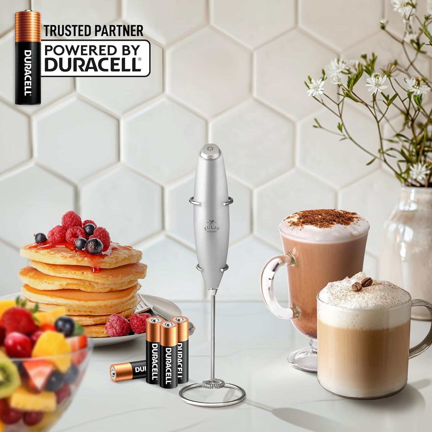 Zulay Kitchen Powerful Milk Frother Wand With 4 AA Duracell Batteries - Ultra Fast Handheld Drink Mixer - Electric Whisk Foam Maker for Coffee, Lattes, Cappuccino, Matcha & Creamer -