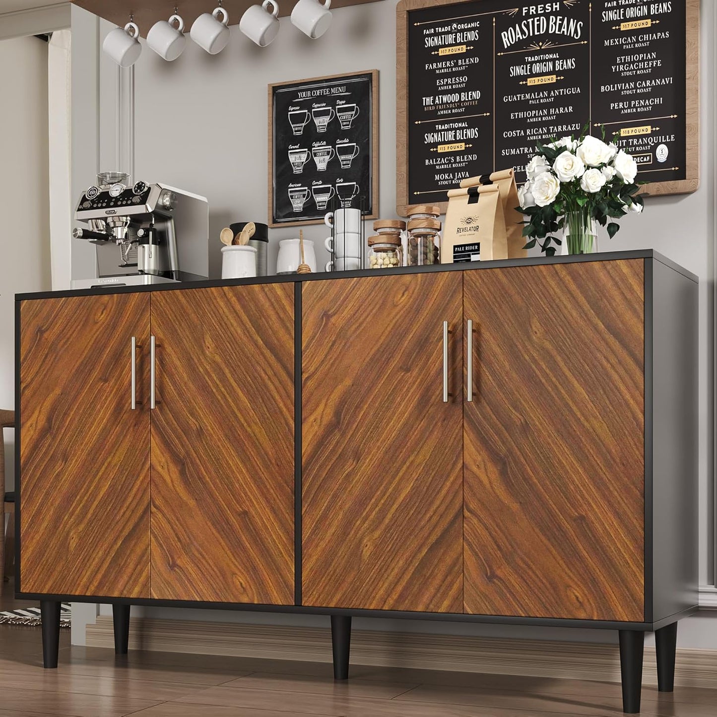 4 EVER WINNER 58" Coffee Bar Cabinet with Storage, Buffet Cabinet with 4 Large Doors, Storage Cabinet with Adjustable Shelves for Living Room, Kitchen, Black