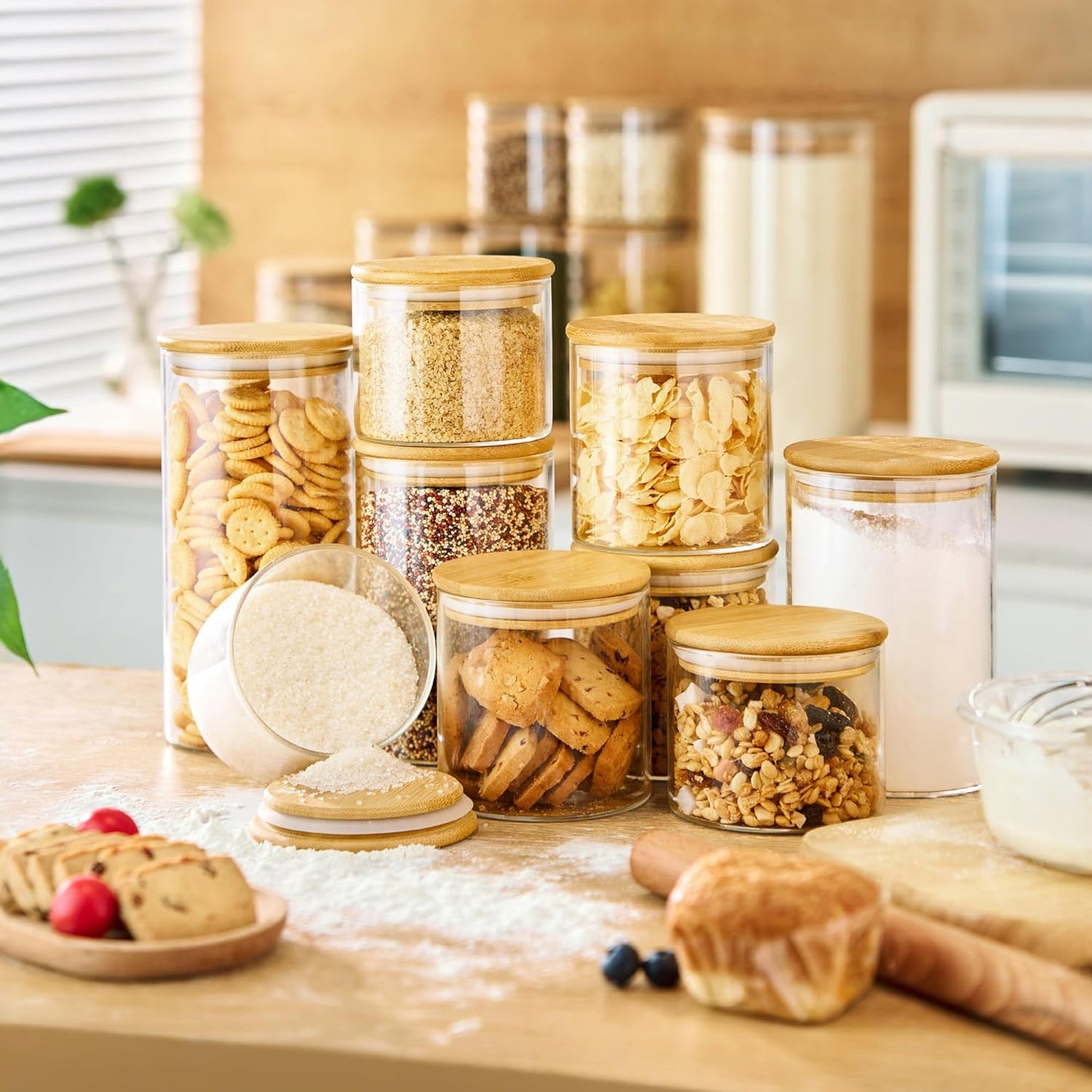 17oz - 4 Pack Glass Jars with Bamboo Lids, Glass Food Storage Containers with Airtight Lids, Air Tight Pantry Storage Containers for Coffee, Sugar, Spice, Meal Prep Jars for Salad & Fruit