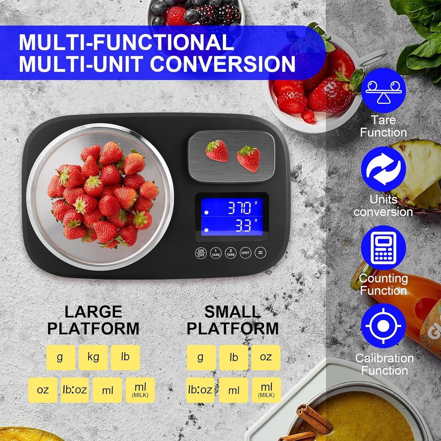 Dual Platform Digital Kitchen and Food Scale, Precise Capacity of 2.2lbs and 10Kg(Min 0.1oz/1oz), Stainless Steel, 6/7 Units, Tare Function, Auto-off, Perfect for Baking Cooking Food Weighing