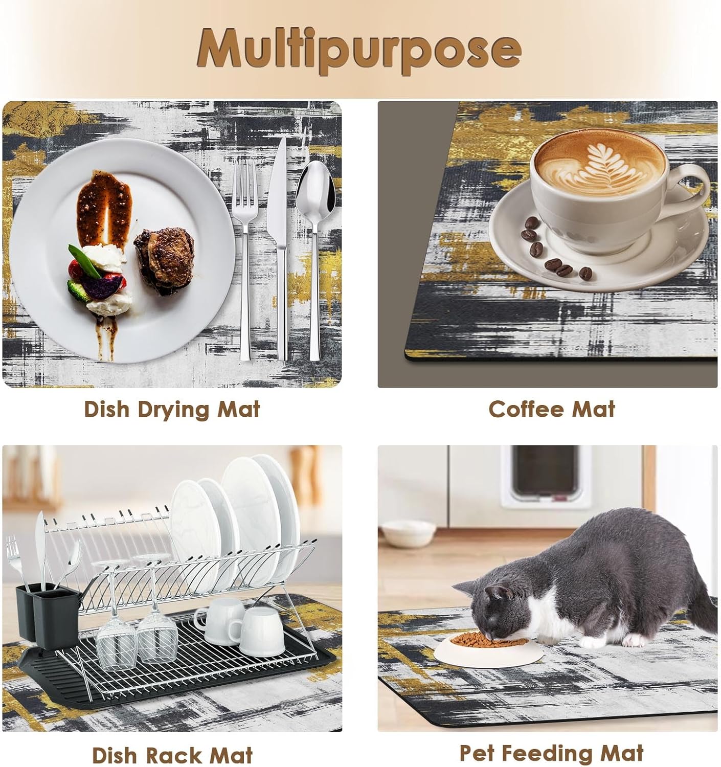 Arttown Coffee Mat for Countertops, Abstract Black Golden Minimalism Grey Dish Drying Mat 2 Pcs for Kitchen Bar Accessories, Coffee Maker Espresso Machine Dish Rack Hide Stain Rubber 12x19in