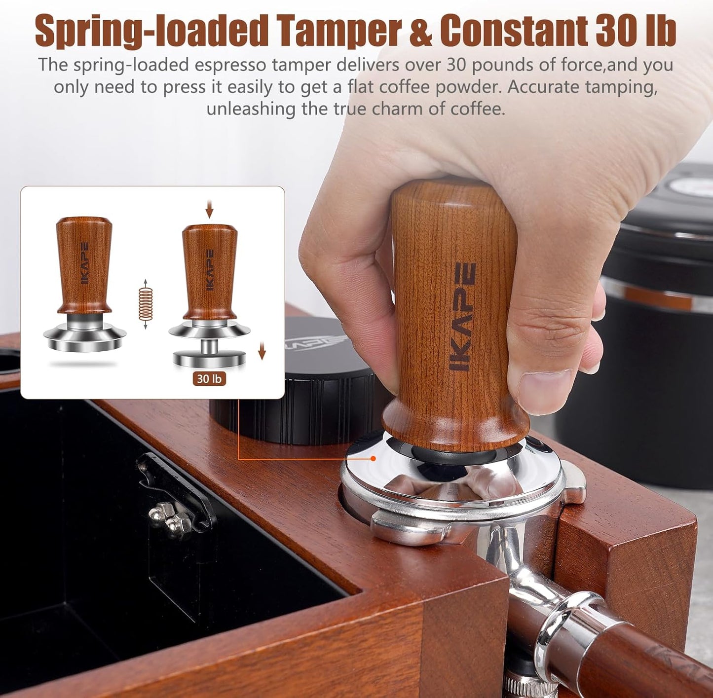 IKAPE 51mm Espresso Coffee Tamper, Spring-loaded Calibrated Tamper with Premium Stainless Steel, Newly Upgraded Walnut Tamper Compatible with All 51mm Espresso Machine Bottomless Portafilter