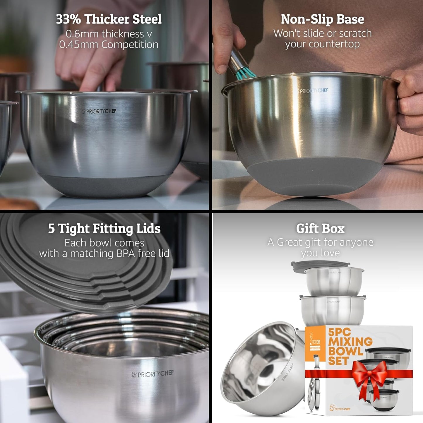 Priority Chef Premium Mixing Bowls With Airtight Lids Set, Thicker Stainless Steel Mixing Bowl Set, Large Prep Metal Bowls with Lids, Nesting Bowls for Kitchen, 1.5/2/3/4/5 Qrt, Grey
