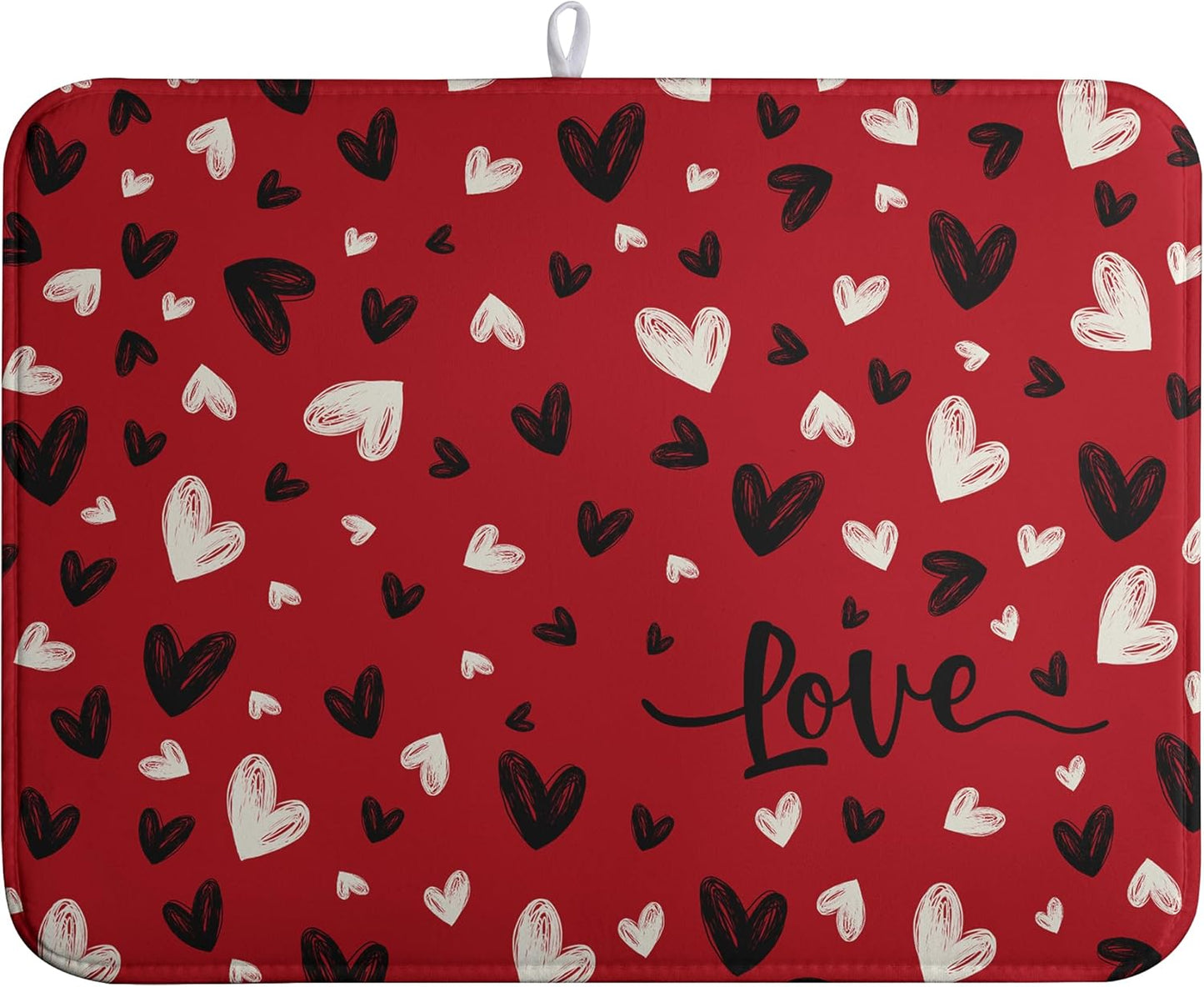 Valentines Day Dish Drying Mat Red Black Love Heart Valentine Kitchen Dish Drying Pad Absorbent Dish Dryer Mat for Kitchen Countertops Microfiber Dishes Drainer Pad Dish Drying Rack Mat (18x24 in)