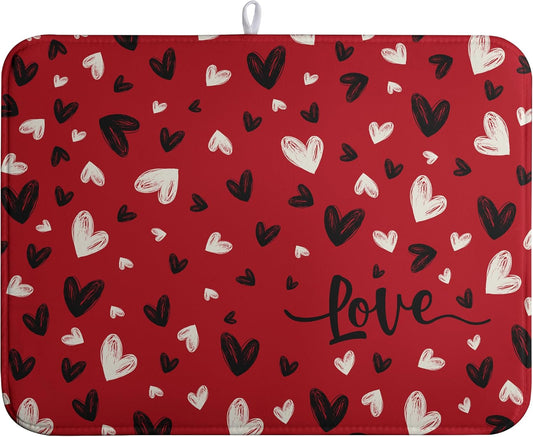 Valentines Day Dish Drying Mat Red Black Love Heart Valentine Kitchen Dish Drying Pad Absorbent Dish Dryer Mat for Kitchen Countertops Microfiber Dishes Drainer Pad Dish Drying Rack Mat (18x24 in)