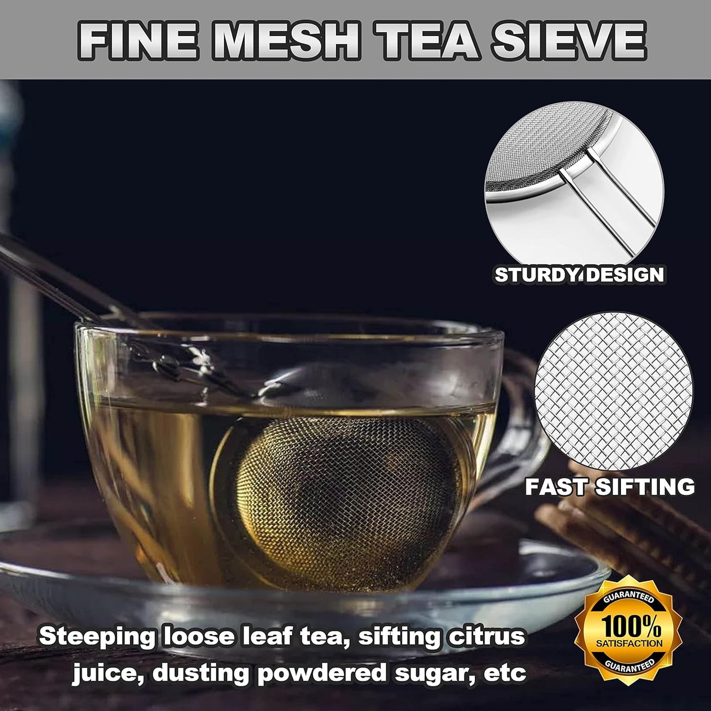 Anaeat Fine Mesh Strainers - Premium Stainless Steel Colander Sieve Sifters, with Durable Mesh and Sturdy Handle, Excellent for Sifting Dry ingredients, Flour, Pastas, Rice, Tea (3.15"）