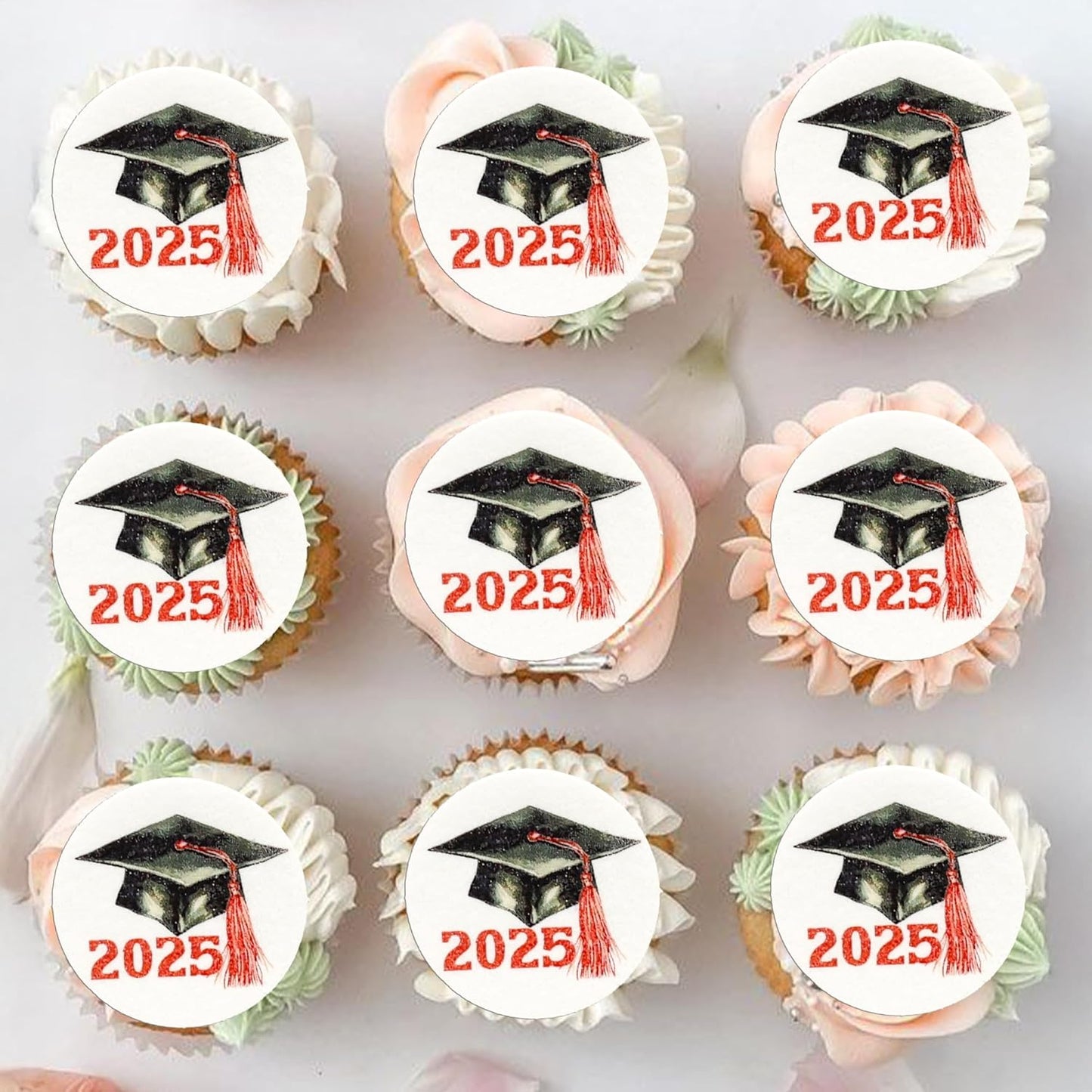 Gyufise 48Pcs Edible 2025 Graduation Cap Cupcake Toppers Wafer Paper Class of 2025 Grad Cap Cupcake Picks for 2025 Graduation Theme Party Cake Decorations Supplies Red