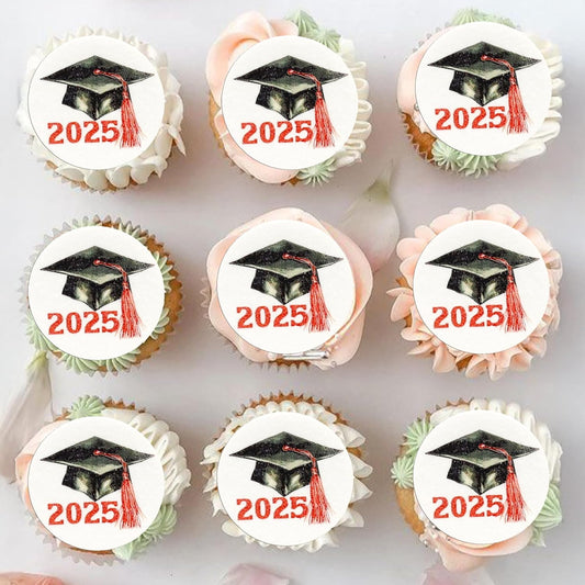 Gyufise 48Pcs Edible 2025 Graduation Cap Cupcake Toppers Wafer Paper Class of 2025 Grad Cap Cupcake Picks for 2025 Graduation Theme Party Cake Decorations Supplies Red