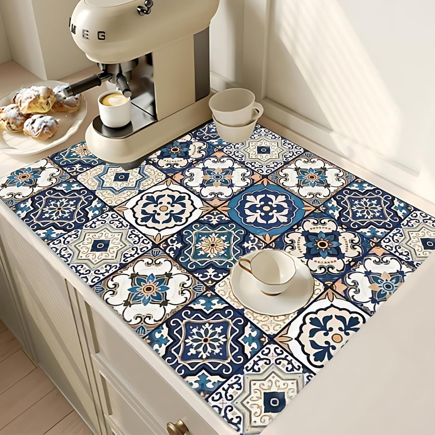 2Pcs Dish Drying Mats Faucet Mats Sets Large Size Coffee Mats Sink Faucet Mat Splash Guard for Kitchen Counter Bathroom Sink Coffee Bar Kitchen Decor (Blue Boho, 18"x24" 15" x 5.5"Set)