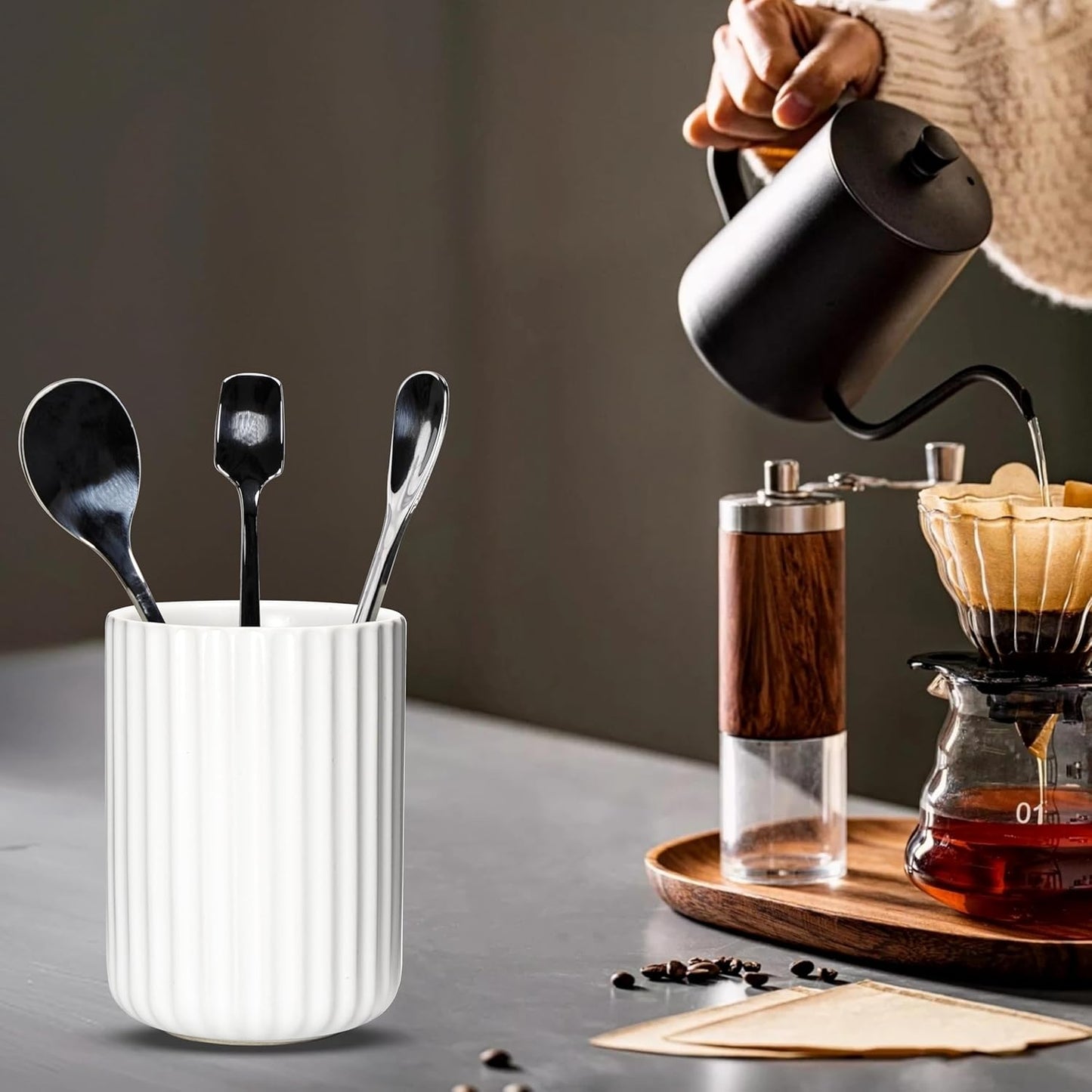 Ceramic Spoon Holder for Coffee Bar, Upright Tea Spoon Holder Cup, Coffee Stirrers Straws Stir Stick Holder, Fish Belly White Fluted Surface