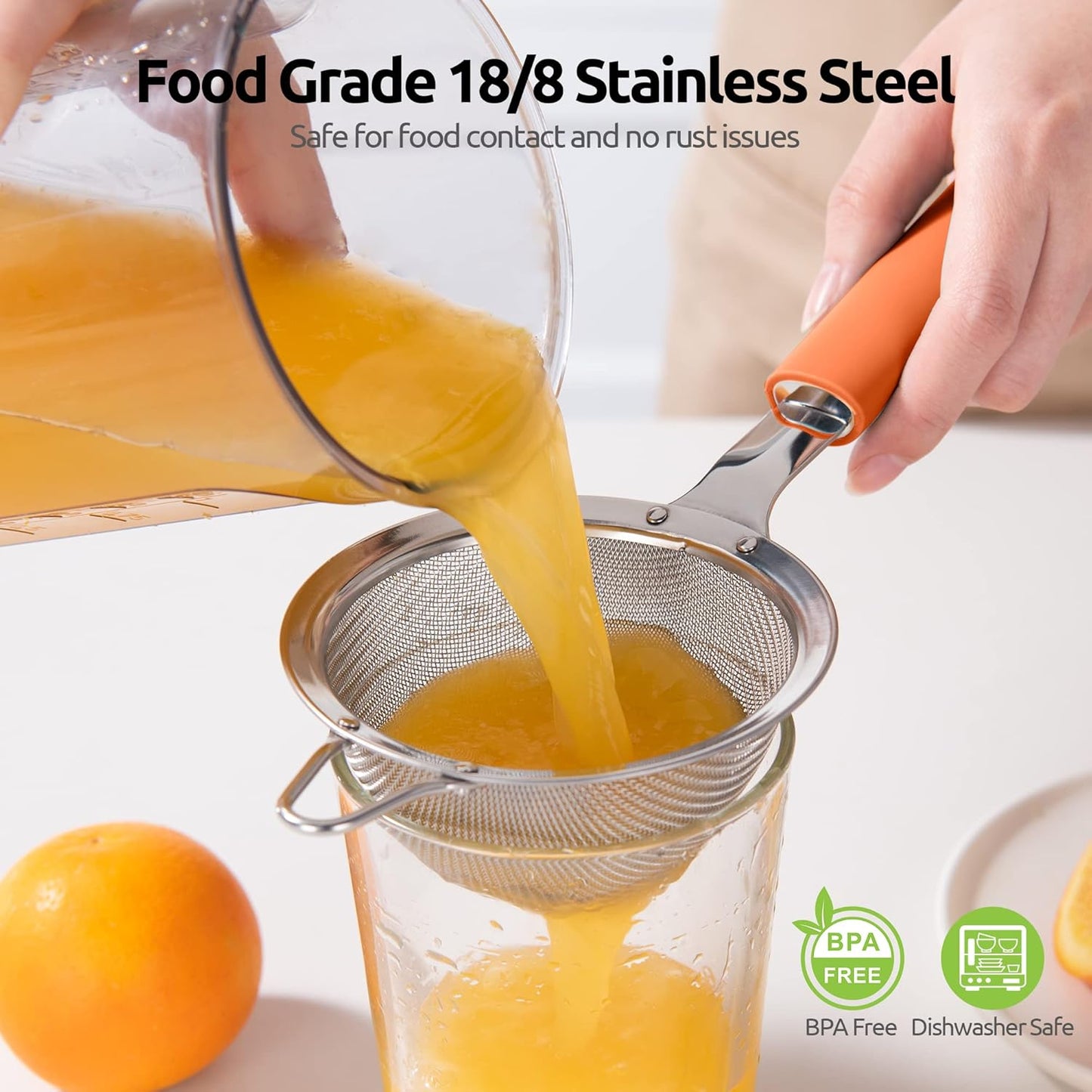 18/8 Stainless Steel Mesh Strainer: U-Taste 3.9 Inch Kitchen Fine Mesh Sieve Food Colander with Riveted Sturdy Silicone Handle and 30 Mesh Hole for Straining Flour, Quinoa, Tea, Juice (Orange)