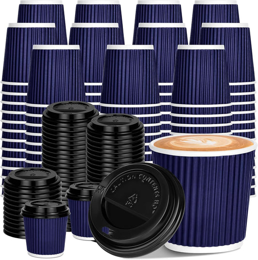 100 4oz Disposable Espresso Cups with Lids Ripple Corrugated Paper Disposable Coffee Cups Cups for Hot Chocolate, Tea, and Cocoa Drinks (Blue)