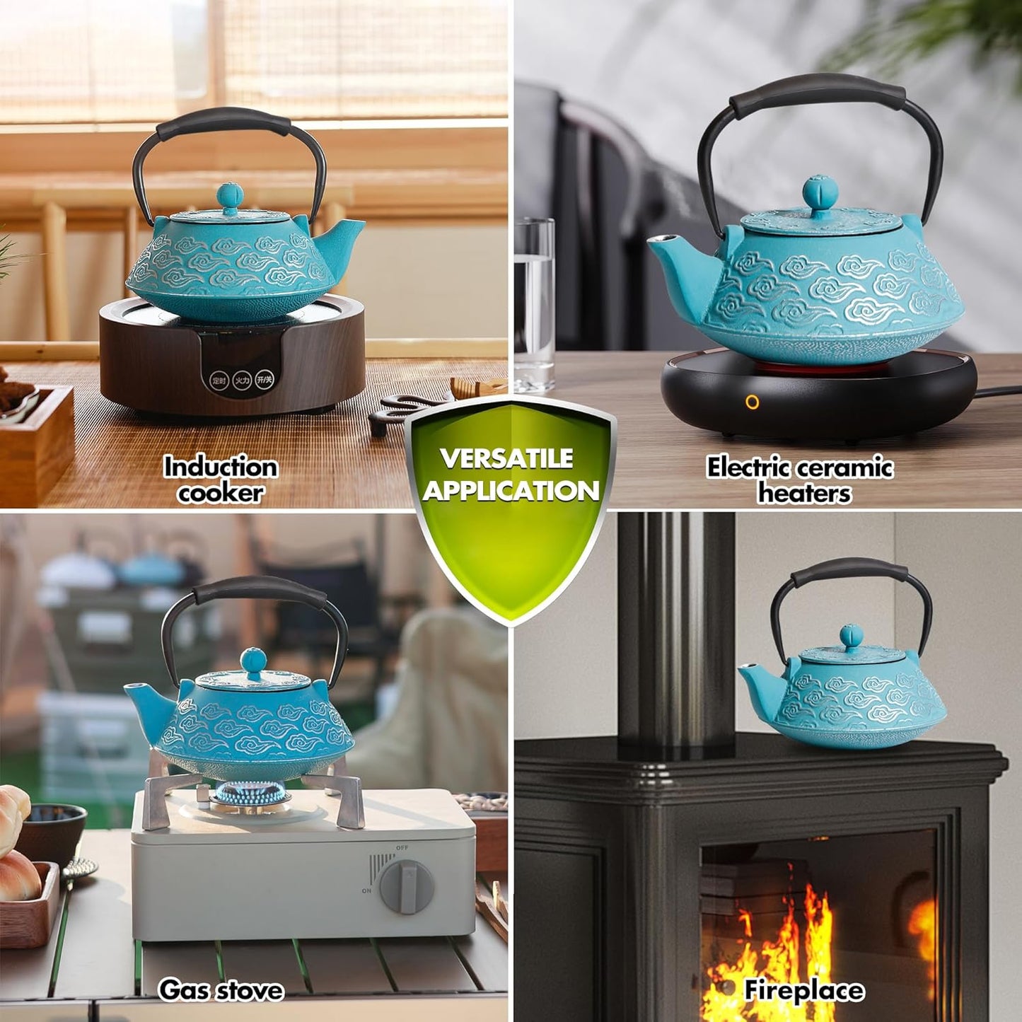 Cast Iron Teapot, Japanese Tea Pot with Infuser for Loose Leaf, Tea Kettle Stovetop Safe Coated with Enameled Interior, Clouds Pattern 27oz, 800ml Sky-Blue