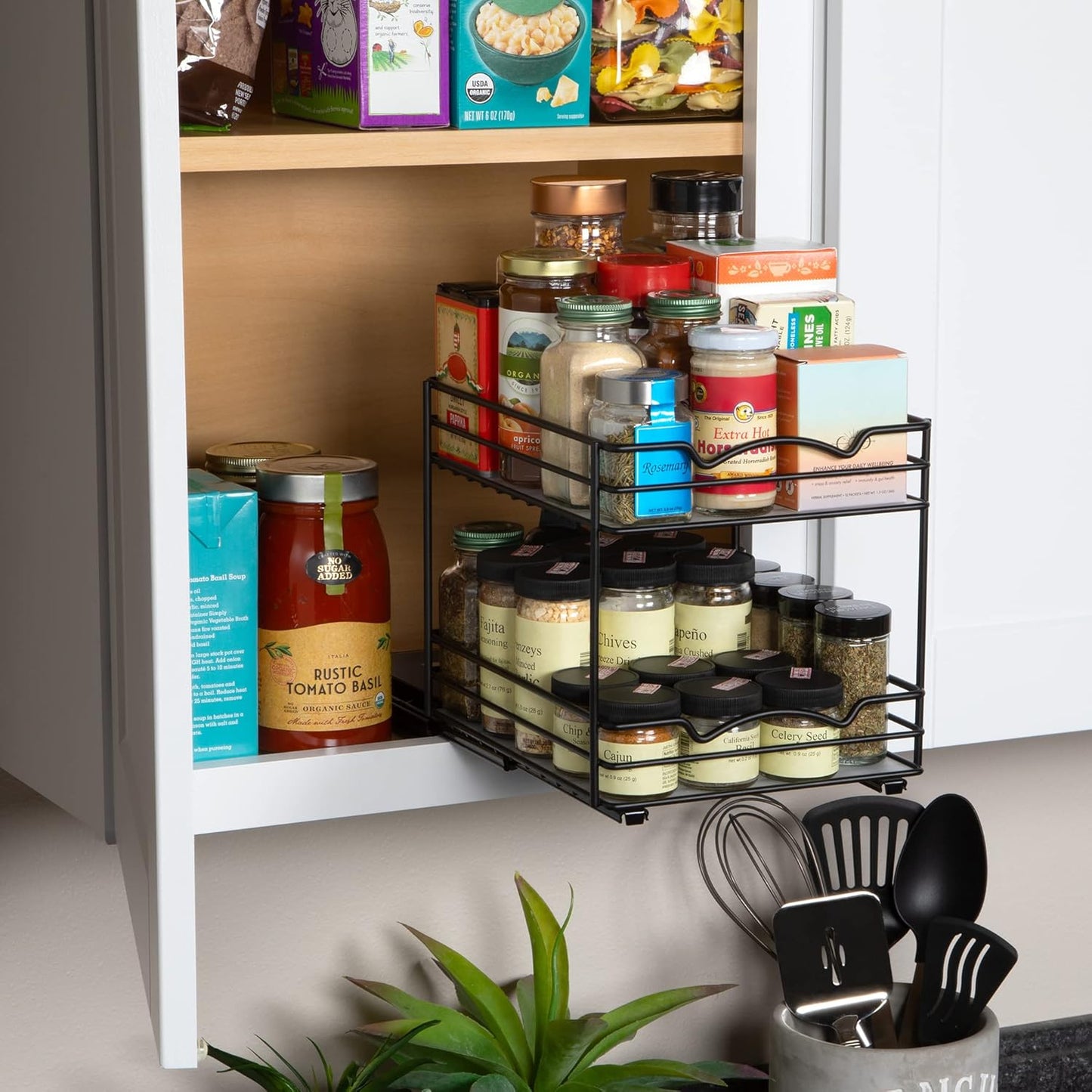 Pull Out Cabinet Organizer for Spices, Cans - Heavy Duty with Lifetime Limited Warranty- Pull Out Spice Rack- Cabinet Pull Out Shelf for Cans,Dishes, Etc, 8-1/2"Wx10-3/8"Dx8-7/8"H, Black