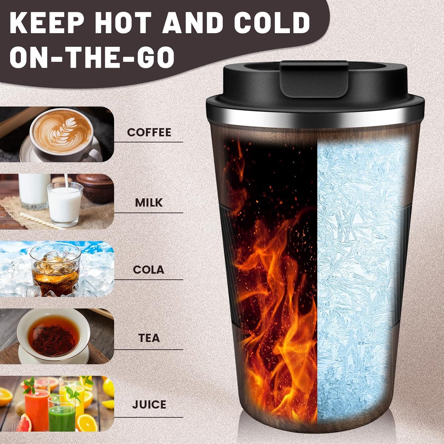 Insulated Coffee Tumblers with Flip Lid 12oz / 17oz, Stainless Steel Travel Coffee Mug Leak Proof, Vacuum Insulated Coffee Mug Reusable Cup, Keeps Cold and Hot for Coffee Tea