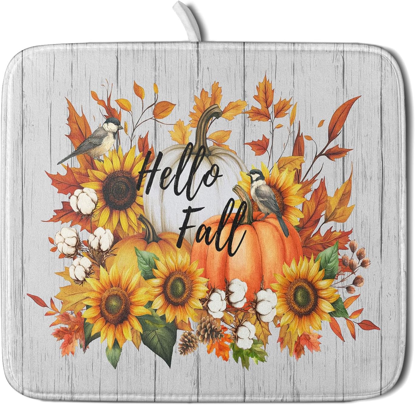 Hello Fall Sunflowers Dish Drying Mat for Kitchen Counter,Autumn Pumpkin Maple Leaves Drying Mat 16 x 18 Inch with High Absorbent Microfiber Dish Drying Drainer Mat for Coffee Bar