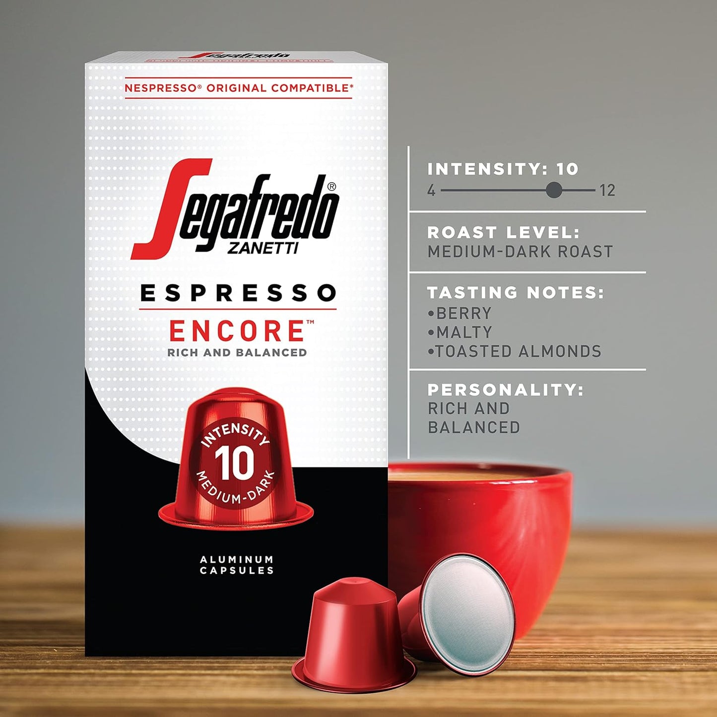 Segafredo Zanetti Espresso Capsules – Aluminum Pods for Nespresso Original Machines – Medium-Dark Roast Premium Espresso with a Rich Aroma – Balanced, Intensity 10 – Encore, 10 Count