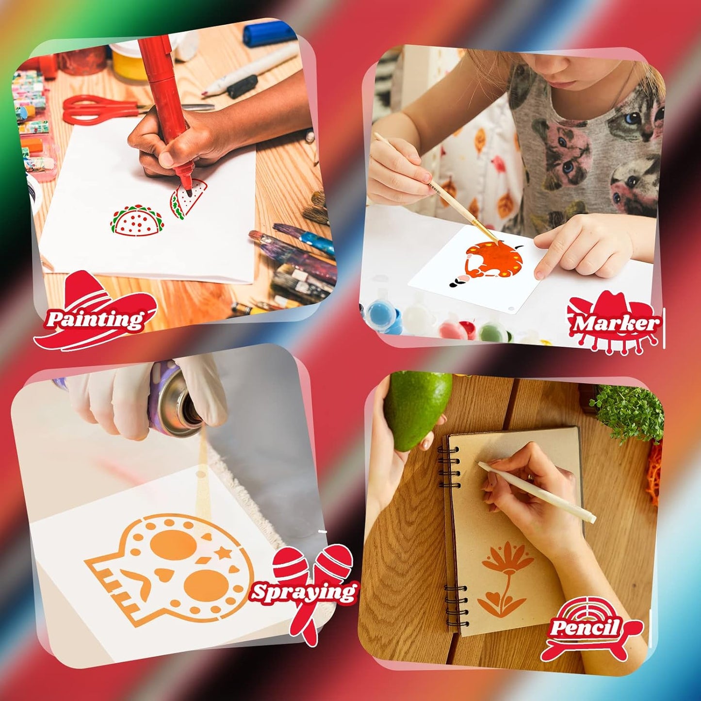 100 Pcs Stencils for Painting on Wood Reusable Stencil Crafts Drawing Templates Holiday Wall Paper for DIY Scrapbook Home 2 x 2 Inch(Mexican Festival)