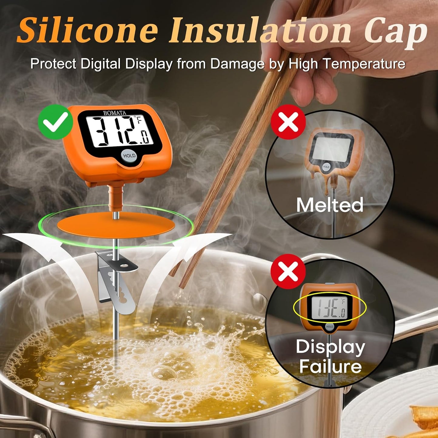 BOMATA Digital Candy Thermometer with Pot Clip, Deep Fry Oil Thermometer with Rotatable Display & Long Probe, for Candy Candle Making, Cooking, Food, Liquids, Water, Sugar.. Orange