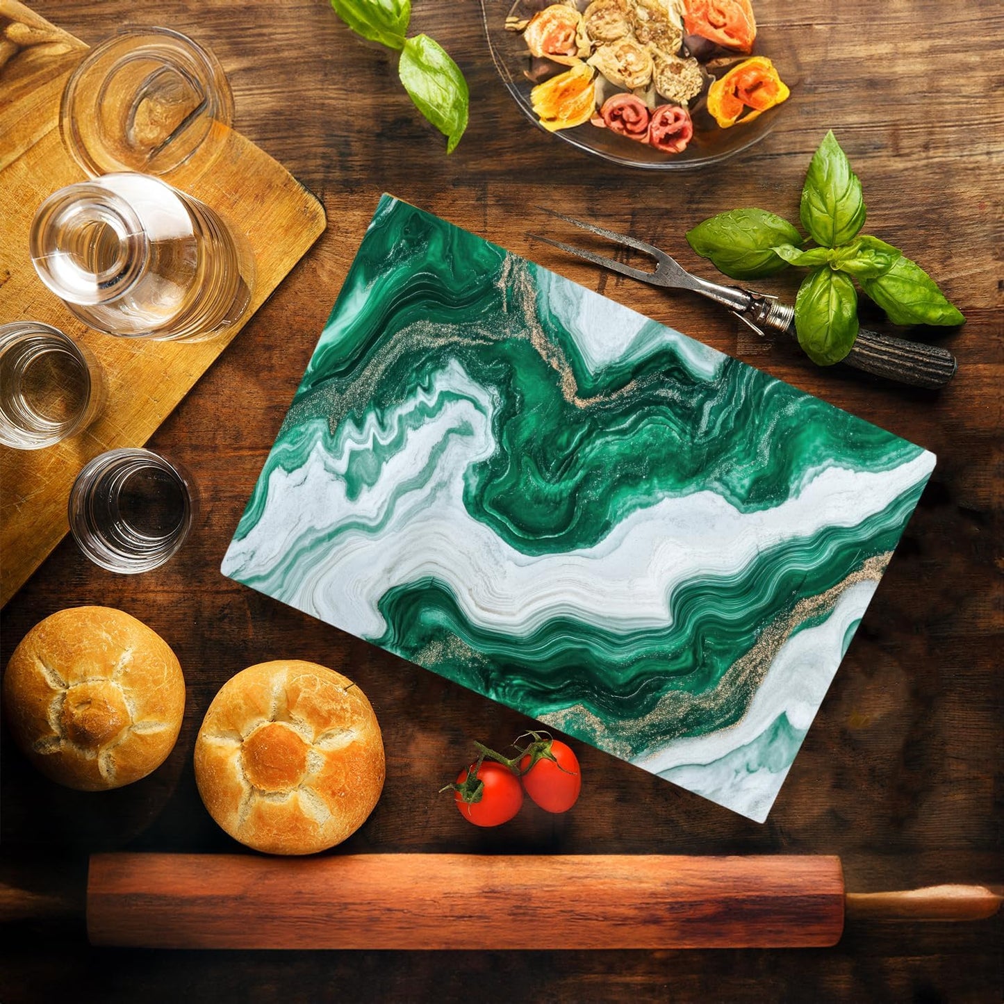 White Green Moss Agate Marble Kitchen Glass Cutting Board Ocean Decorative Gift Marbled Granite Stone Rock Gift For Her Mom Wife (White Green)