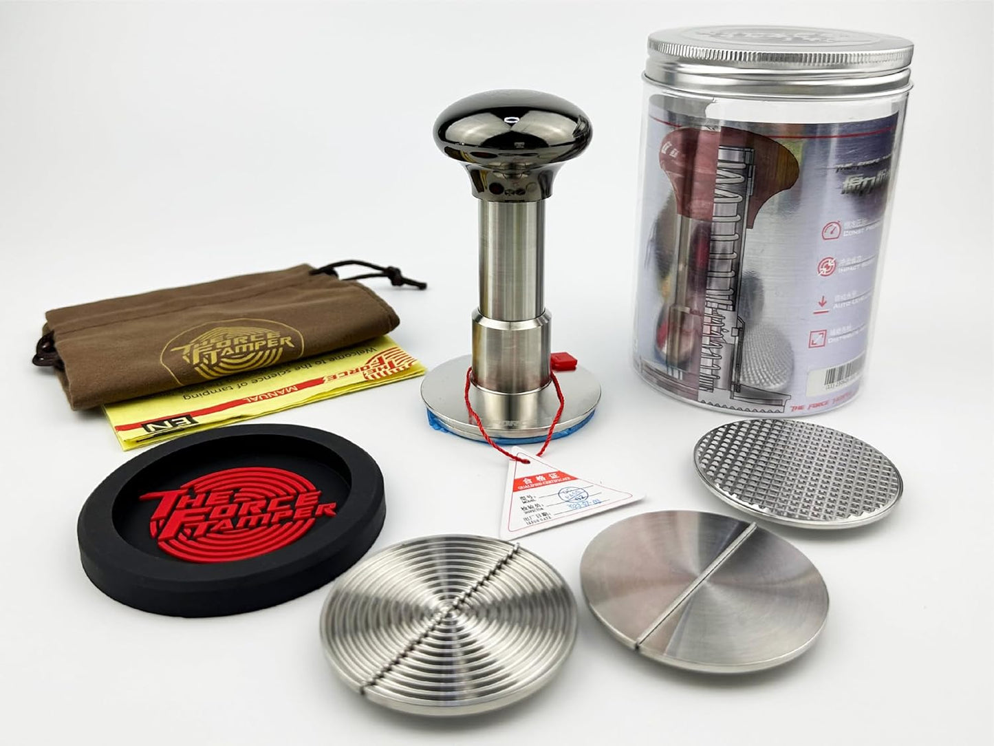 The Force Tamper Automatic Impact Adjustable Constant Pressure and Autoleveling Coffee Tamper Black Mirror Jellyfish AL Handle Set Pro (TRI-Distribute Set, 58.35mm)