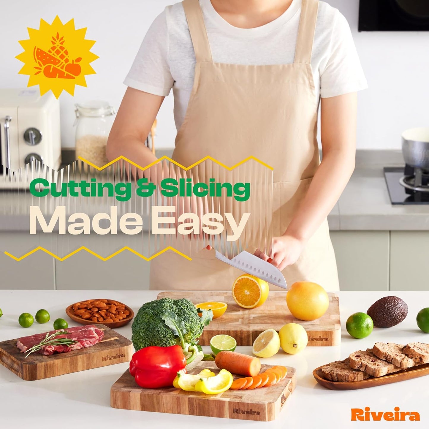 Riveira Acacia Wood Cutting Board – Gourmet Acacia Grandeur: 14 x 14 Wooden Cutting Board – Natural Wooden Cutting Boards For Kitchen Decorative – Innovative Juice Grooves Acacia Wooden Chopping Board