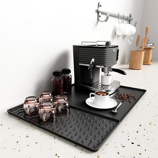 Silicone Coffee Mat, 24 x 16 Inch Non-Slip Heat Resistant, Large and Small Combination Bar Mat, Convex Edge Spill Resistant Design for Coffee Machines and Kitchen Countertops,Wave Pattern Black