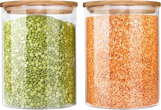 Urban Green Glass Jars with Airtight Lids, Airtight Glass Canisters set, Large Food Storage Containers with Wood Lids, 2 Pack of 100oz， Dry Food Pantry Jars, Flour Containers