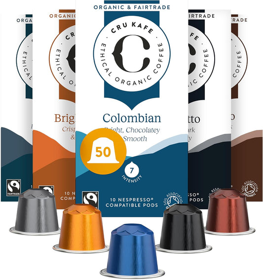 CRU Kafe Discovery Set Organic Coffee Pod, 50 Pods (5 Packs of 10 Coffee Capsules) Compatible with Nespresso OriginalLine
