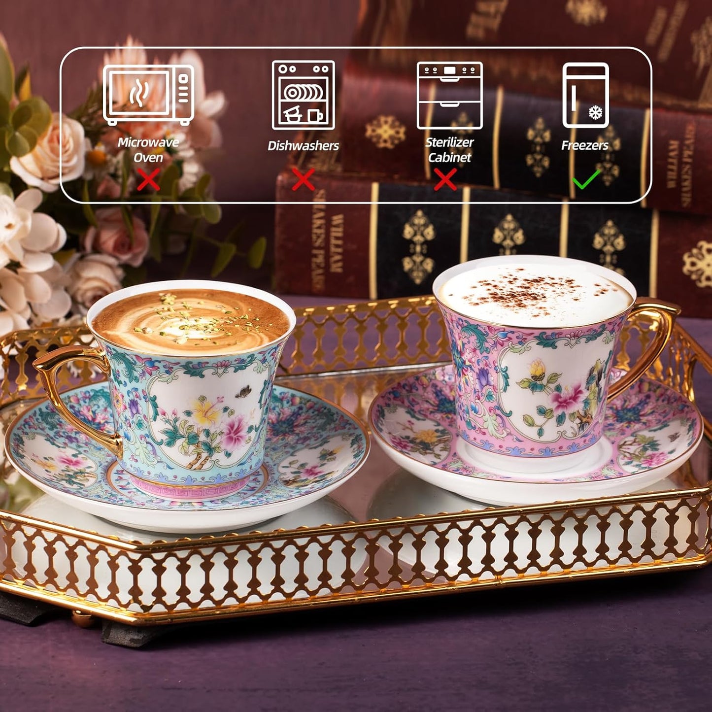 KAMMAK Tea Cups and Saucers Set of 2, Porcelain Coffee Cups with Saucer for Espresso, Cappuccino, 8oz Vintage Pink and Blue Ceramic Demitasse Mug for Home, Tea Party, Office