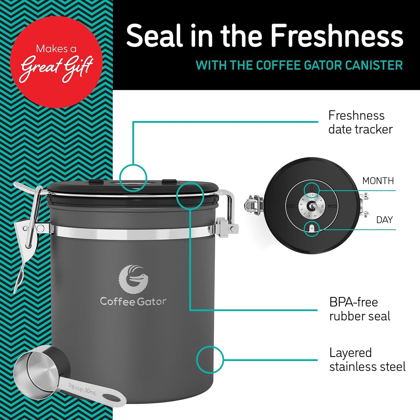 Coffee Gator Coffee Canister, 16oz Airtight Stainless Steel Kitchen Food Storage Container with Date Tracker, Scoop for Sugar,Grounds Coffee, Beans,Tea, Sugar, Cereal, Flour, Cookies Jars - Silver