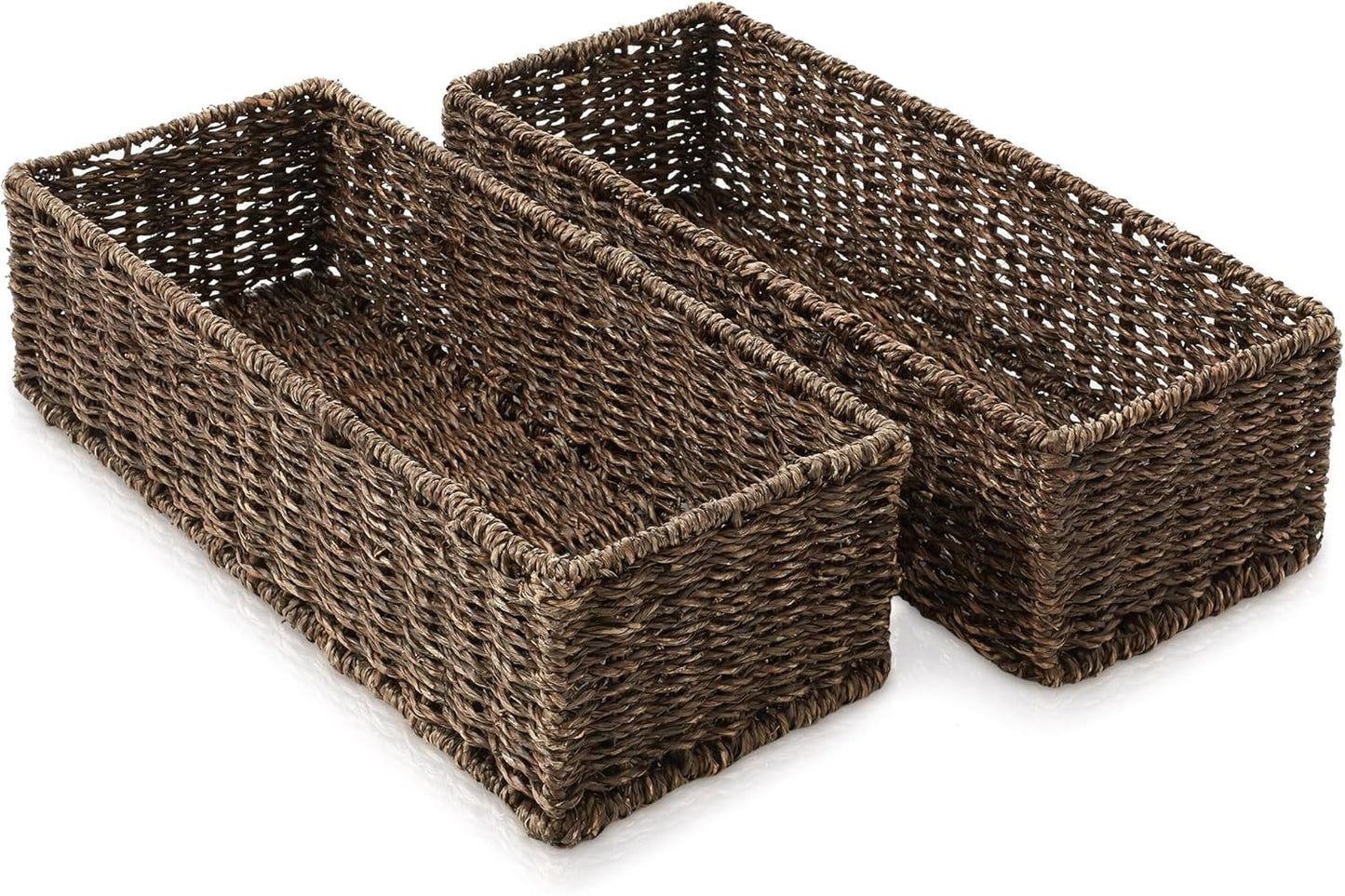 Casafield Set of 2 Bathroom Storage Baskets, Espresso - Seagrass, 16" W x 6.75" D x 4.25" H, Woven Toilet Tank Topper Bins for Organizing Tissues, Toilet Paper, Toiletries, Shelves