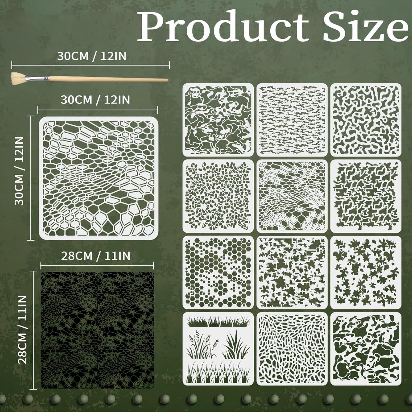 12PCS Camo Stencils for Spray Paint 12 x 12 Inch Camouflage Pattern Stencils with Brushes Grass Pattern Stencil Reusable Camo Stencil for Painting Wood Boat DIY Crafts Spray Painta