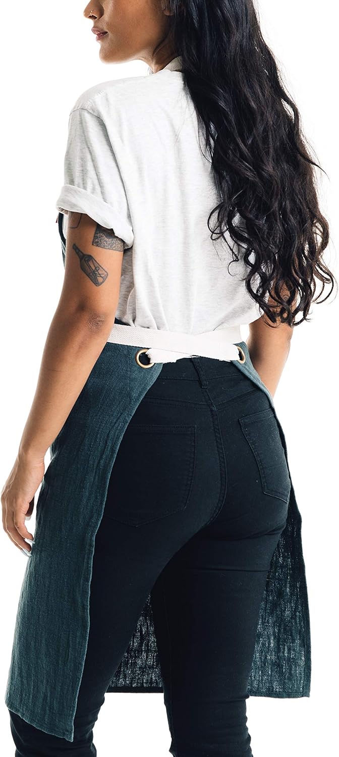 Caldo Linen Kitchen Apron - Mens and Womens Linen Bib Apron - Adjustable with Pockets (Spruce)