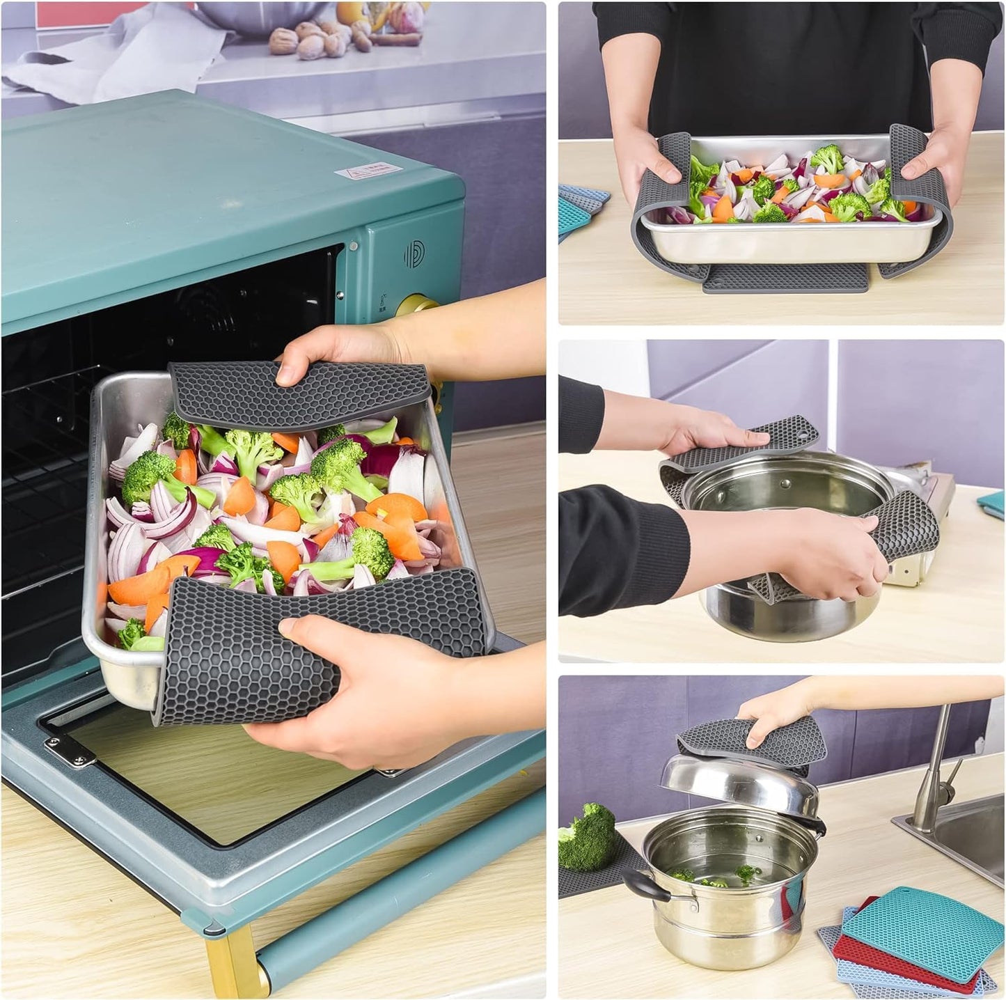 Silicone Trivets Mats, Silicone Hot Pads for Pot Holder, Square Trivets for Hot Dishes, Pots and Pans, Multi Purpose Hot Pads for Kitchen Counter, Non Slip Heat Resistant Mats Set 4 Melort Red