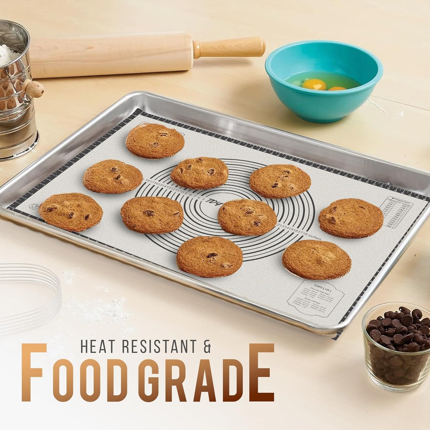26 * 16 inches Black, Non-Slip Silicone Baking Sheets - Baking Mat with 0.7mm Thickness - Non-Stick Pastry & Cookie Mat for Kitchen Counter for Rolling Out Dough with Measurements.