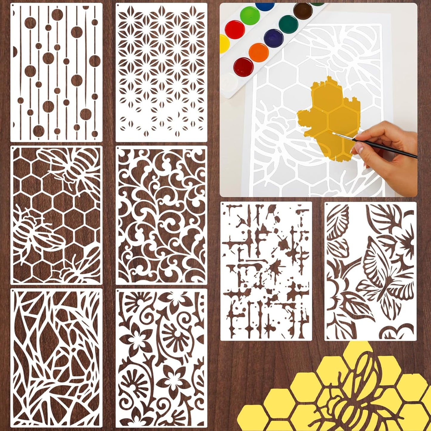 Yazhiji 8PCS Geometric Stencils for Painting, Reusable Large Size Geometric Painting Stencils Abstract Layering Stencil for Painting on Wood Canvas Furniture Wall Floor Decor Drawing DIY Art Supplies