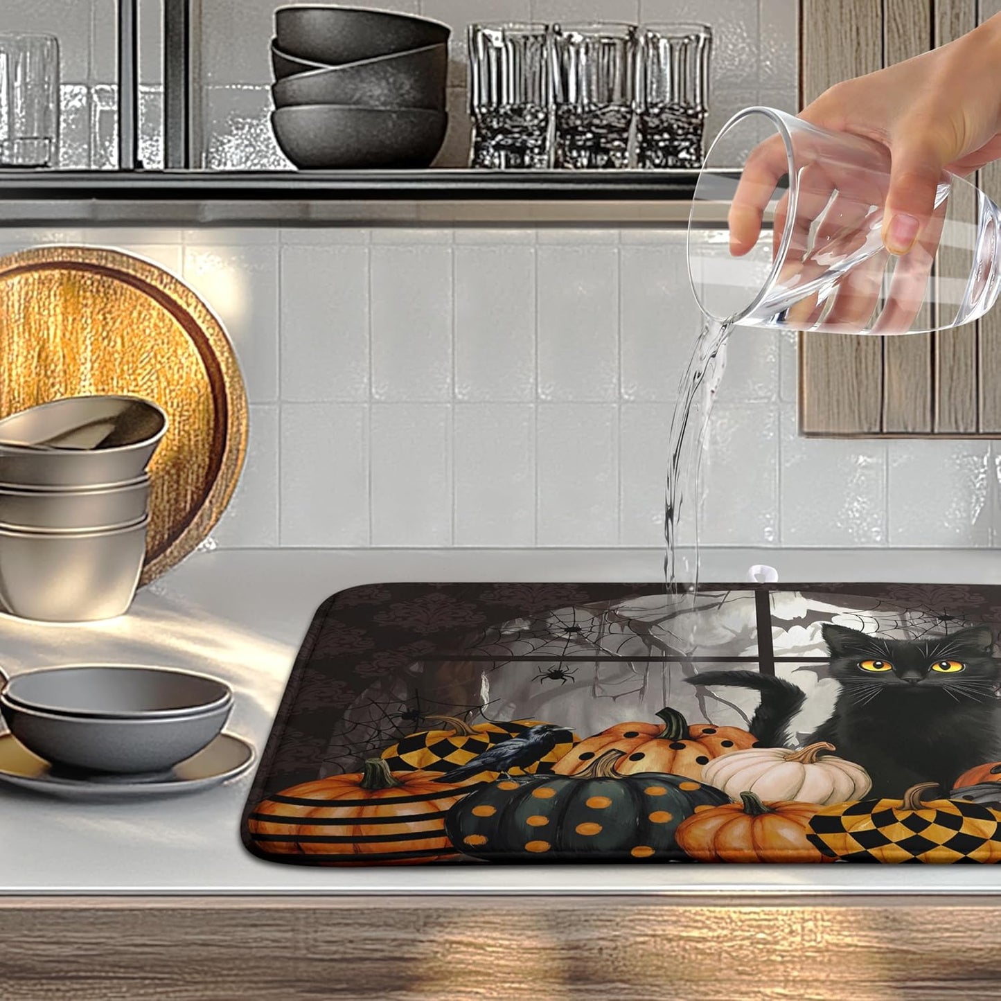 Halloween Black Cat Dish Drying Mat Fall Halloween Pumpkins Large Kitchen Mats Dish Drying Pad Absorbent Dish Dryer Mat for Kitchen Countertops Microfiber Drainer Pad Dish Drying Mats (18x24 in)