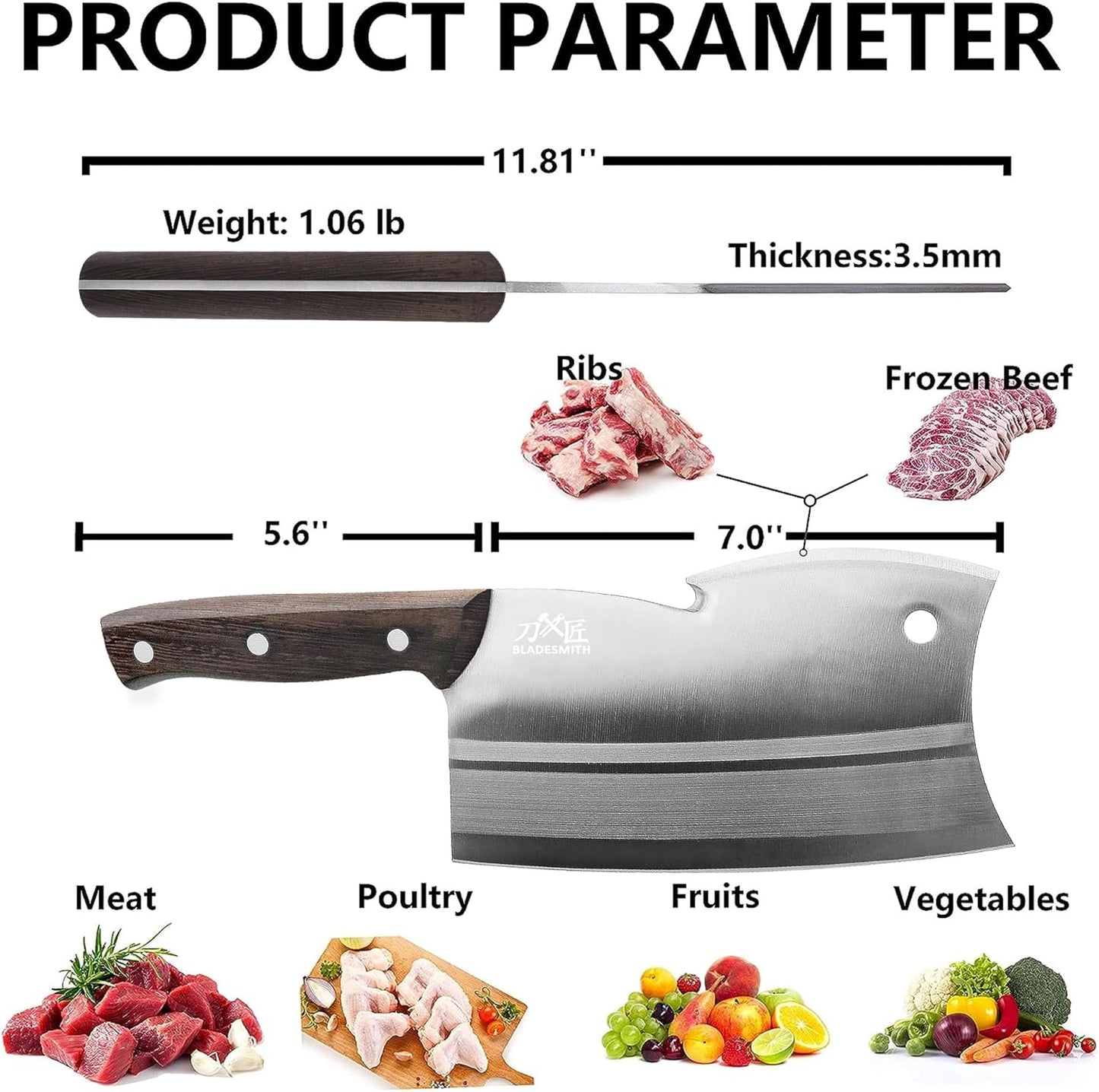 BLADESMITH Meat Cleaver, Multi-Purpose Dual Edges Butcher Knife, Heavy Duty Chopper Knife for Bone Cut with Ergonomic Wenge Handle