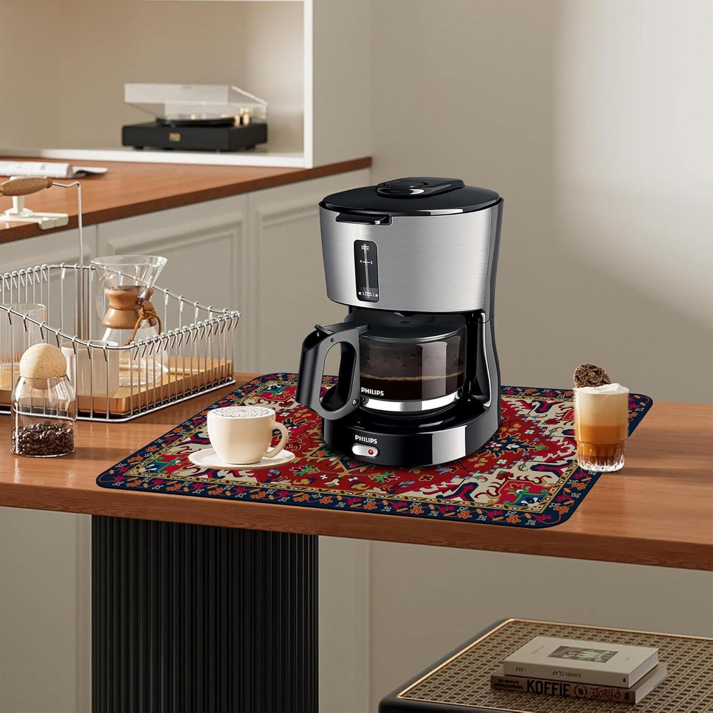 Dish Drying Mat Bohemia Tribal Carpet Texture Kitchen Mat 16"x24" Bsorbent Coffee Maker Mat for Dishes,Utensils Coffee Maker Pots and Pans Easy Clean Dish Slip Resistant Pad