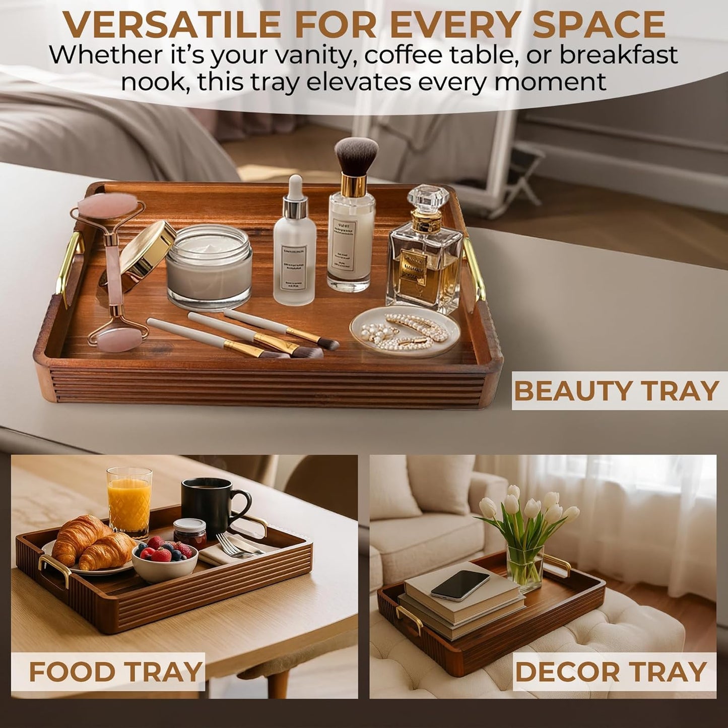 Acacia Wood Serving Tray with Metal Handles – 17x12in Rustic Decorative Ottoman & Coffee Table Tray for Breakfast in Bed, Dinner, Bar, Kitchen, Home Décor & Entertaining